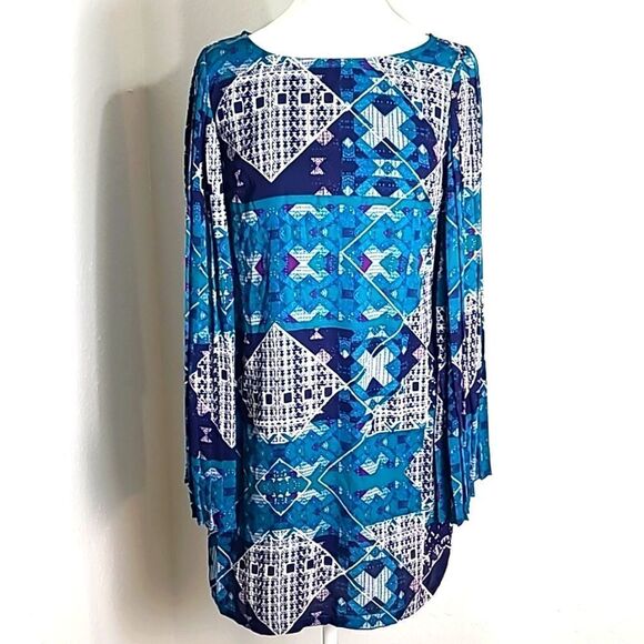 love FIRE Teal, Navy Blue & White Boho Dress, Wide Pleated Longsleeves, Sz Small - Picture 1 of 11